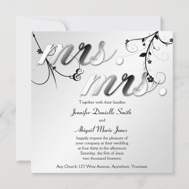 Elegant Black Floral Mrs. & Mrs Wedding Invitation (Front)
