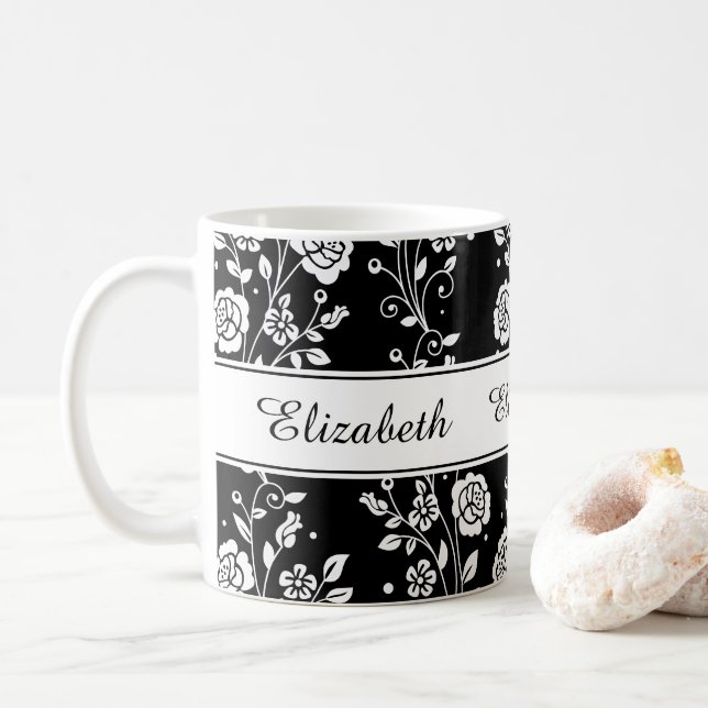 Elegant Black Floral Name Coffee Mug (With Donut)