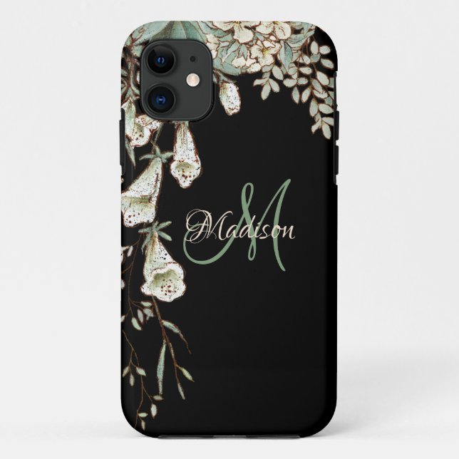 Elegant Black Floral Name Initial Personalized Case-Mate iPhone Case (Back)