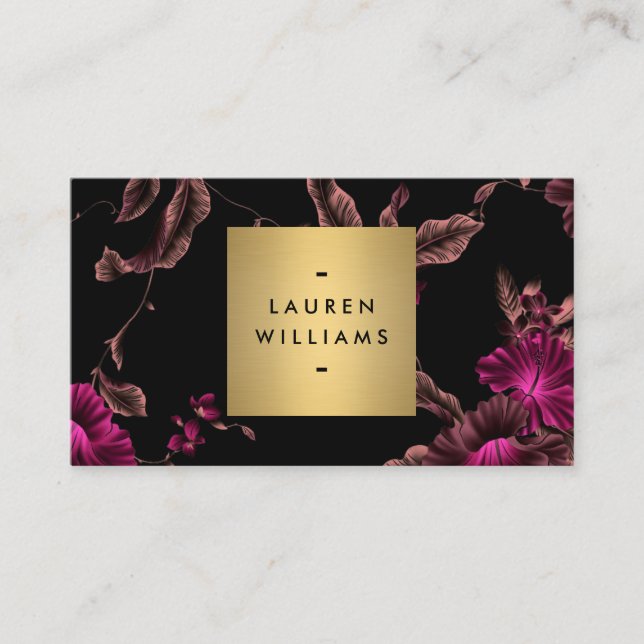 Elegant Black Floral Pattern 2 with Gold Name Logo Business Card (Front)