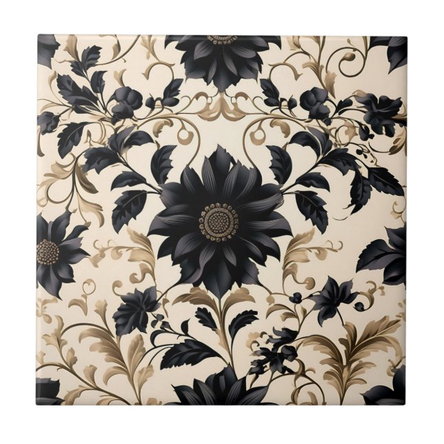 Elegant Black Floral Pattern Ceramic Tile (Front)
