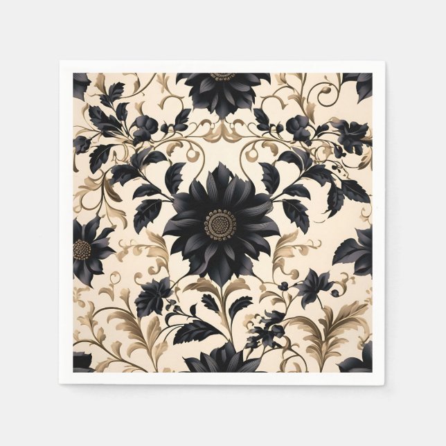 Elegant Black Floral Pattern Napkins (Front)