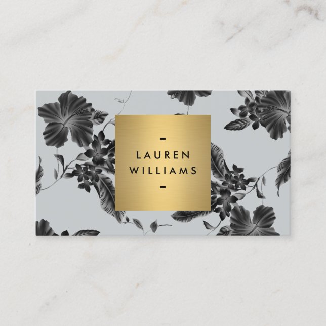 Elegant Black Floral Pattern on Slate Gray Business Card (Front)