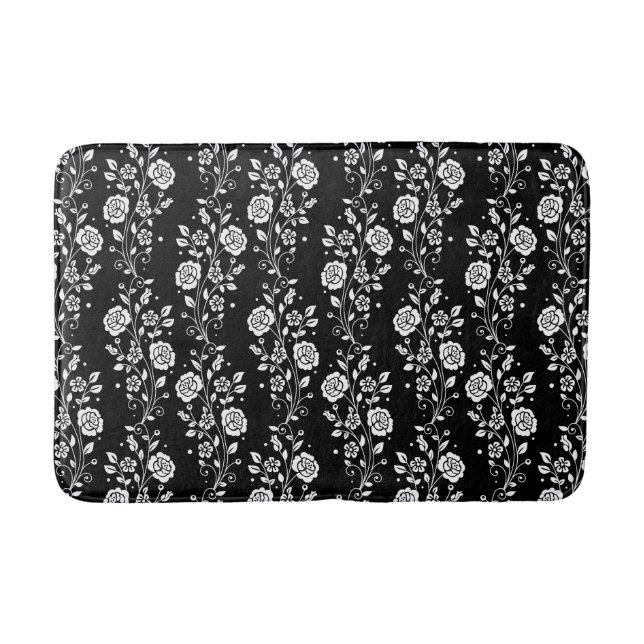 Elegant Black Floral Pattern Short Bathroom Mat (Front)