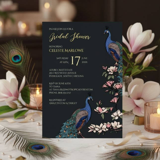 Elegant Black Floral Peacock Bridal Shower Foil Invitation (Elegant Black, Gold Foil Floral Peacock Bridal Shower Invitations for Her. Classy Bird Teal Feathers)