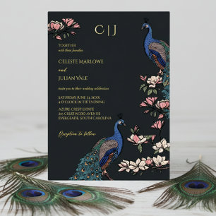Elegant Black Floral Peacock Wedding Foil Invitation