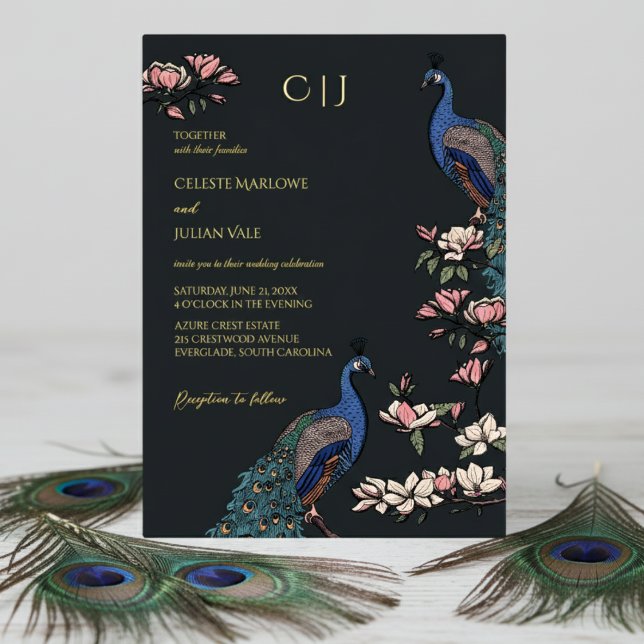 Elegant Black Floral Peacock Wedding Foil Invitation (Elegant Black Wedding Invitations. Trendy Boho Floral Blue Peacock, Teal Feathers, Magnolia Flowers)