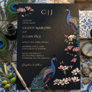 Elegant Black Floral Peacock Wedding Gold Foil Invitation