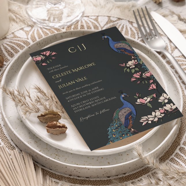 Elegant Black Floral Peacock Wedding Gold Foil Invitation (Real Gold Foil Elegant Rustic Peacock on Magnolia Tree. Hand-Drawn Modern Chinoiserie Style in Black)