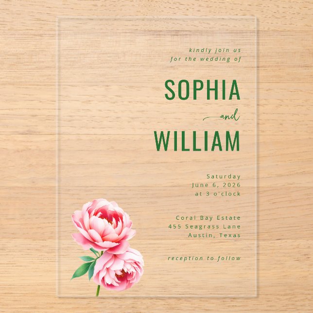 Elegant Black Floral Peonies Acrylic Invitations (Front)