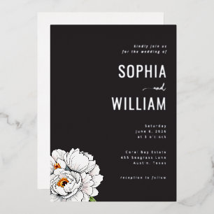 Elegant Black Floral Peonies Foil Invitation