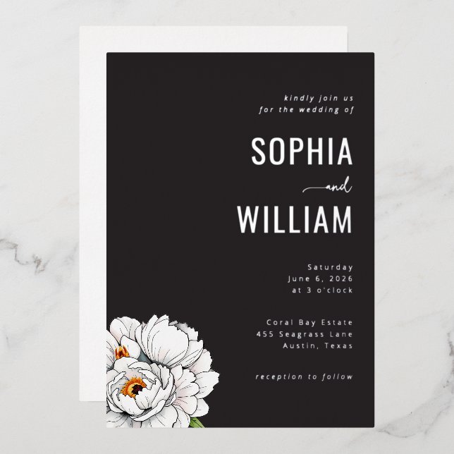 Elegant Black Floral Peonies Foil Invitation (Front/Back)