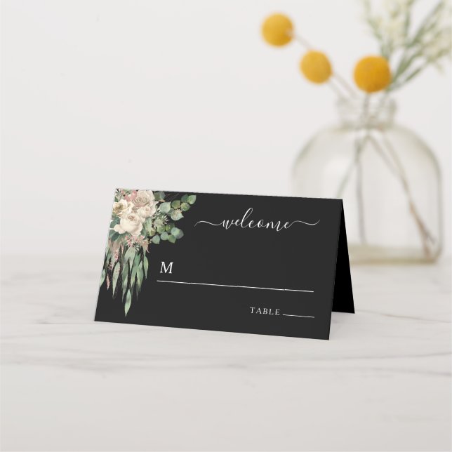 Elegant Black Floral Peonies Wedding Place Card (Front)