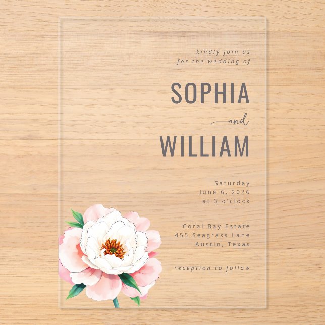 Elegant Black Floral Peony Acrylic Invitations (Front)