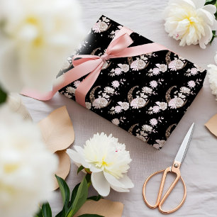 Elegant Black Floral Peony Celestial Moon & Stars Wrapping Paper