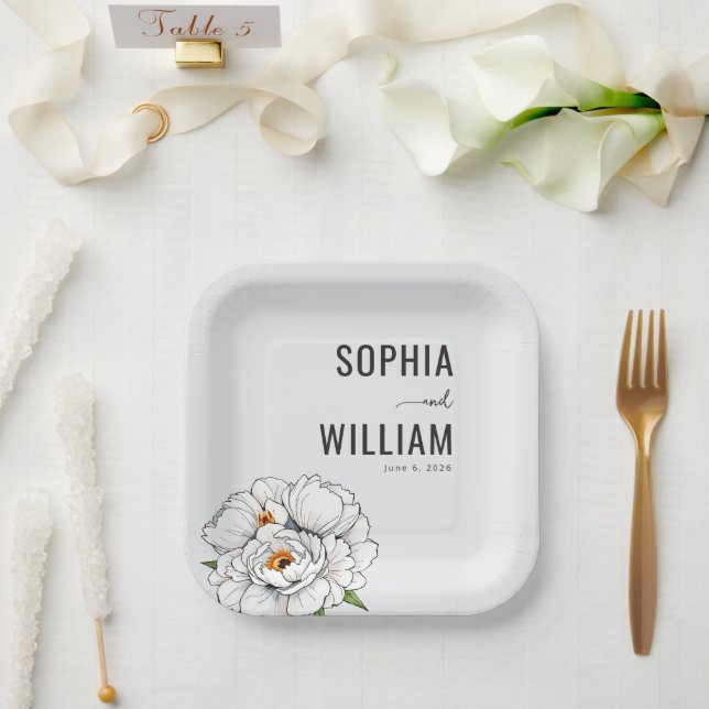 Elegant Black Floral Peony Paper Plates (Wedding)