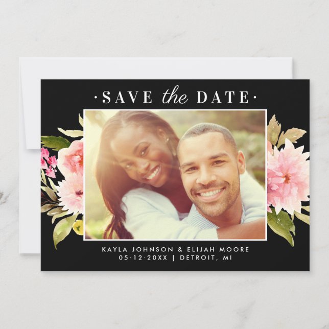 Elegant Black Floral Photo Wedding Save The Date (Front)