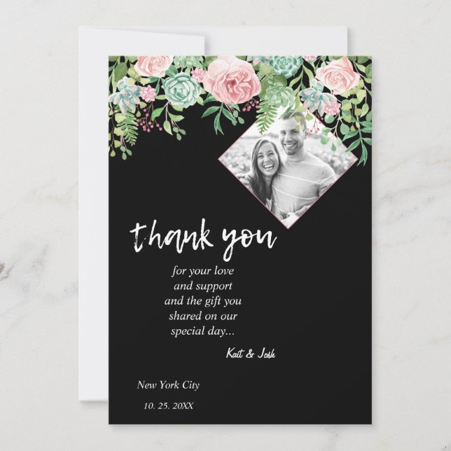 Elegant Black Floral Pink Wedding Thank you CARD (Front)