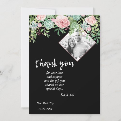 Elegant Black Floral Pink Wedding Thank you CARD