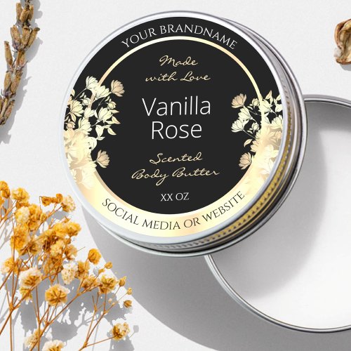 Elegant Black Floral Product Packaging Labels Gold