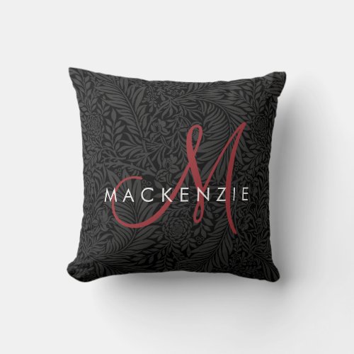 Elegant Black Floral Red Script Monogram Throw Pillow