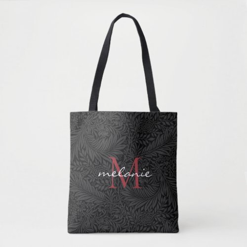 Elegant Black Floral Red Script Monogram Tote Bag