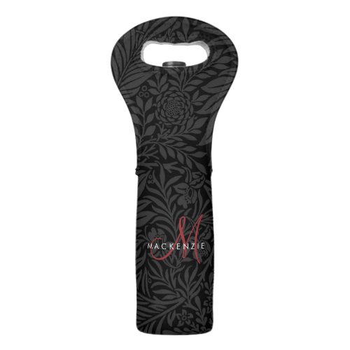 Elegant Black Floral Red Script Monogram Wine Bag