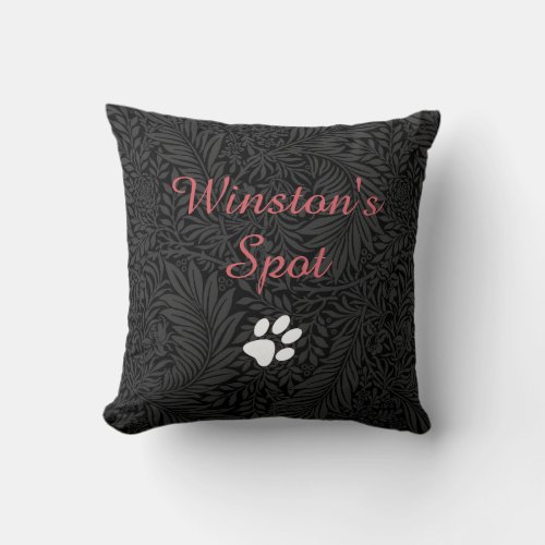 Elegant Black Floral Red Script Pet Name Throw Pillow