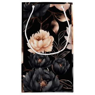 Elegant Black Floral Roses Pattern Gold Leaves Small Gift Bag