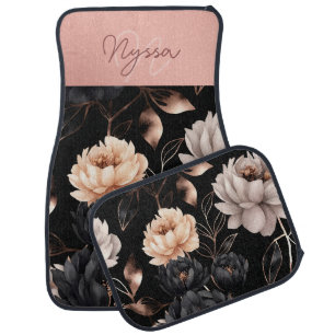 Elegant Black Floral Roses Pattern Monogram Blush Car Floor Mat