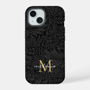 Elegant Black Floral Script Monogram iPhone 15 Case