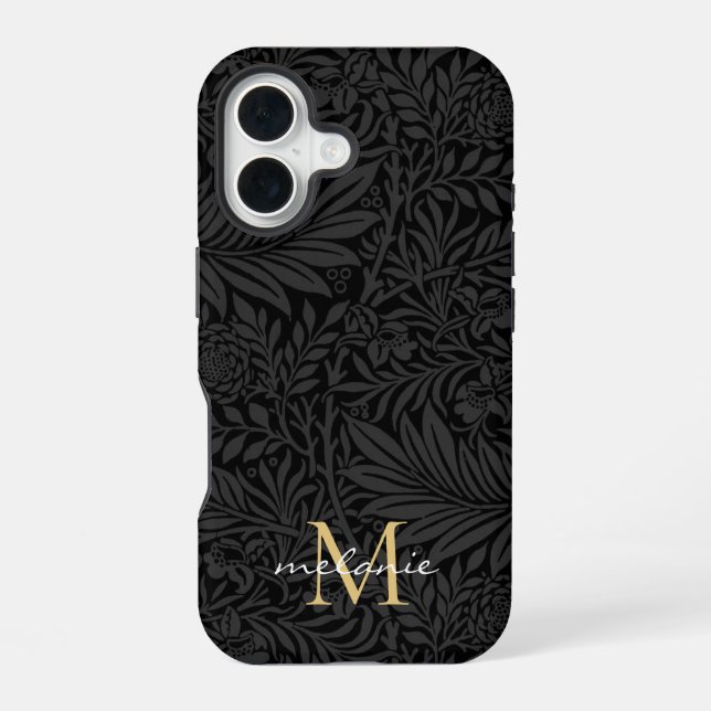 Elegant Black Floral Script Monogram iPhone Case (Back)