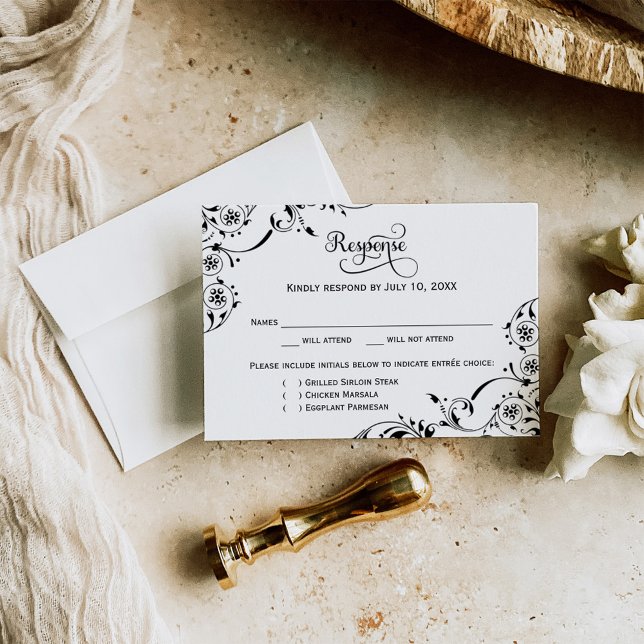 Elegant Black Floral Scroll Wedding Meal RSVP Card (Creator Uploaded)