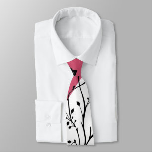 Elegant Black Floral Silhouette on Pink and White  Neck Tie