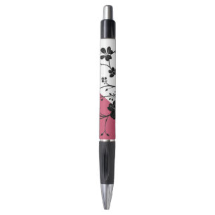 Elegant Black Floral Silhouette on Pink and White Pen