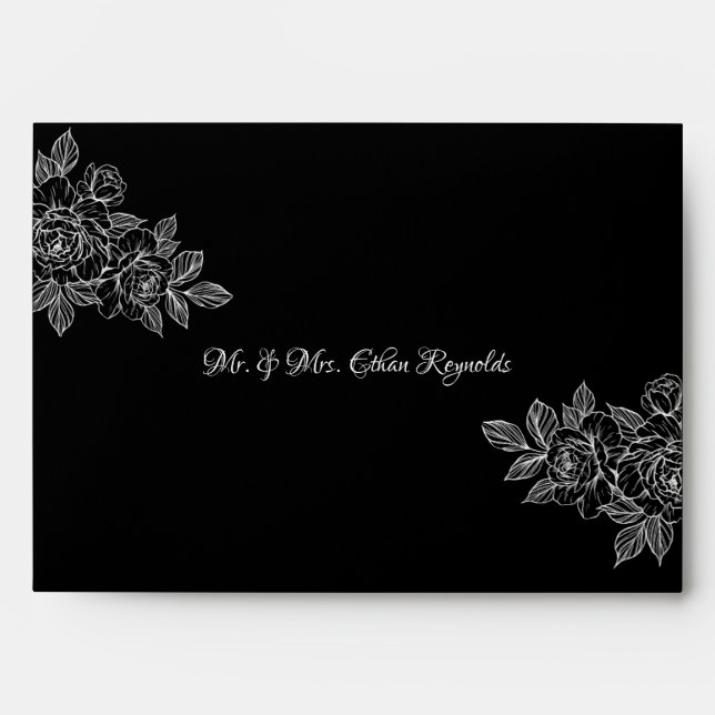 Elegant Black Floral Sketch Wedding Envelope (Front)