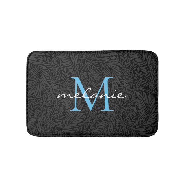 Elegant Black Floral Sky Blue Script Monogram Bath Mat (Front)