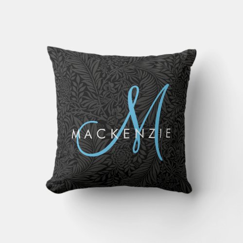 Elegant Black Floral Sky Blue Script Monogram Throw Pillow