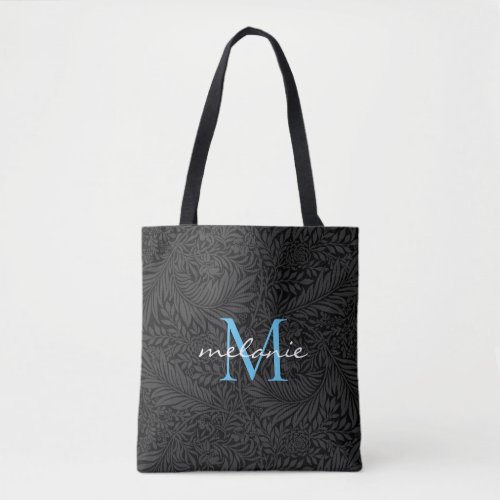 Elegant Black Floral Sky Blue Script Monogram Tote Bag