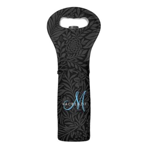 Elegant Black Floral Sky Blue Script Monogram Wine Bag