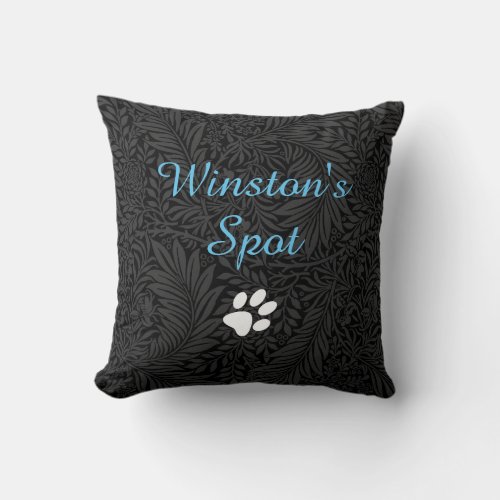 Elegant Black Floral Sky Blue Script Pet Name Throw Pillow