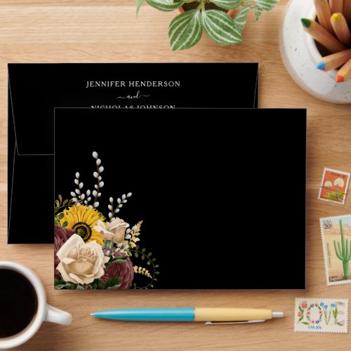 Elegant Black Floral Sunflower Wedding Envelope