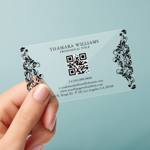 Elegant Black Floral Swirl Clear Business Cards
