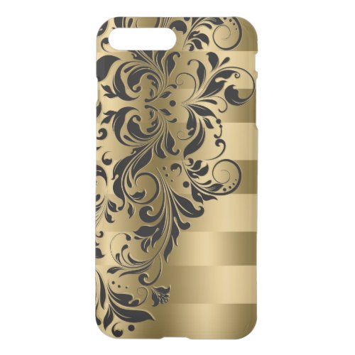 Elegant Black Floral Swirl  Gold Stripes Pattern iPhone 8 Plus7 Plus Case