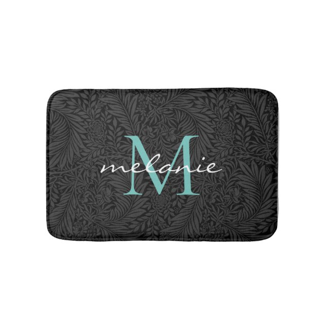 Elegant Black Floral Teal Script Monogram Bath Mat (Front)