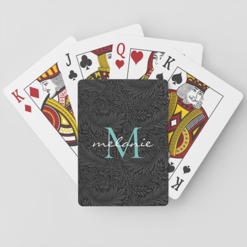 Elegant Black Floral Teal Script Monogram Playing Cards
