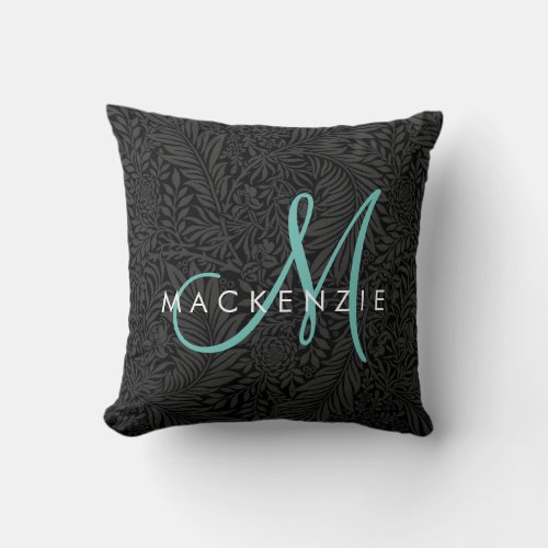 Elegant Black Floral Teal Script Monogram Throw Pillow