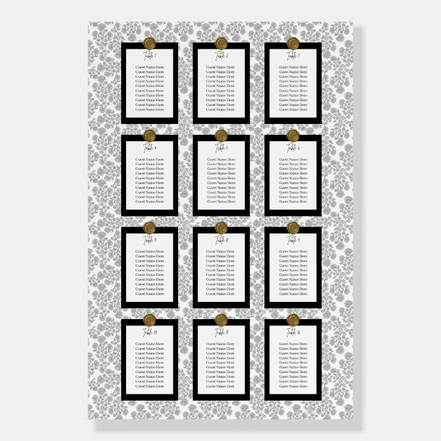 Elegant Black Floral Toile Seating Chart Foam Board (Front)