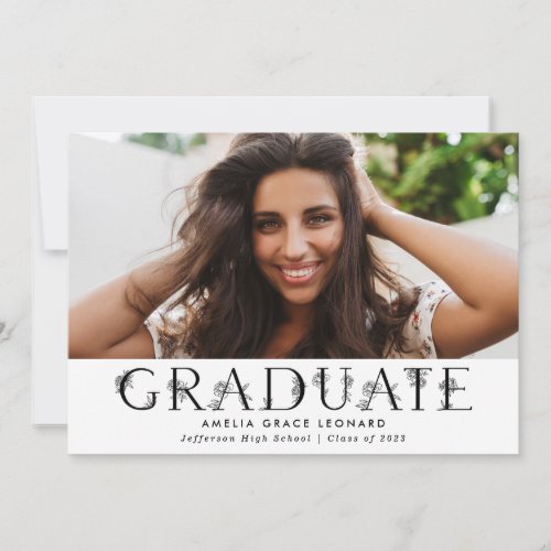 Elegant Black Floral Type Photo Graduation Announcement