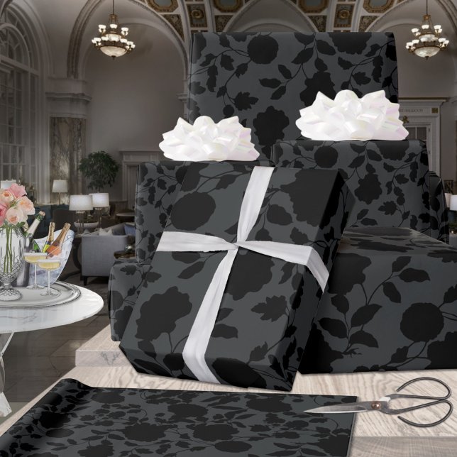 Elegant Black Floral Vine On Charcoal Gray  Wrapping Paper (Creator Uploaded)